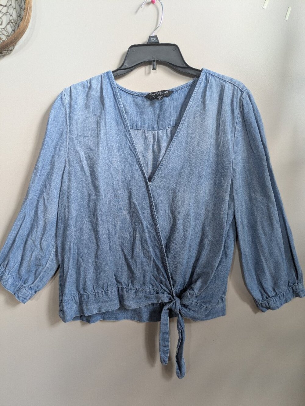 velvet heart tencel denim drop neck tie at bottom long sleeve shirt size m #461